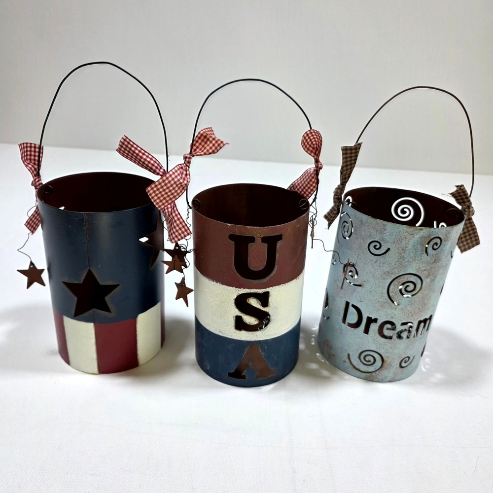 Lantern Set Red White Blue Patriotic USA Americana Decor farmhouse primitive
